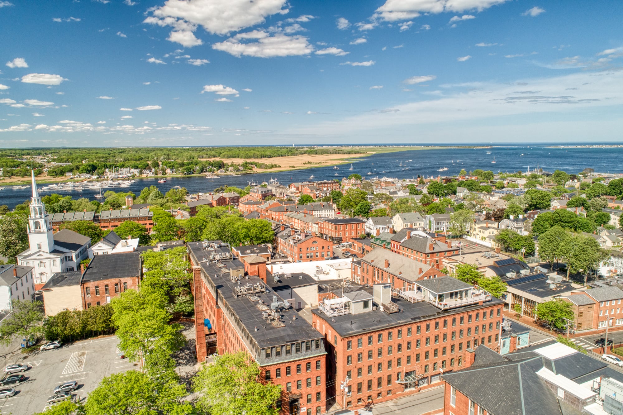 Aerial view of Newburyport waterfront and downtown, Olympic Fence Company service area on the North Shore.
