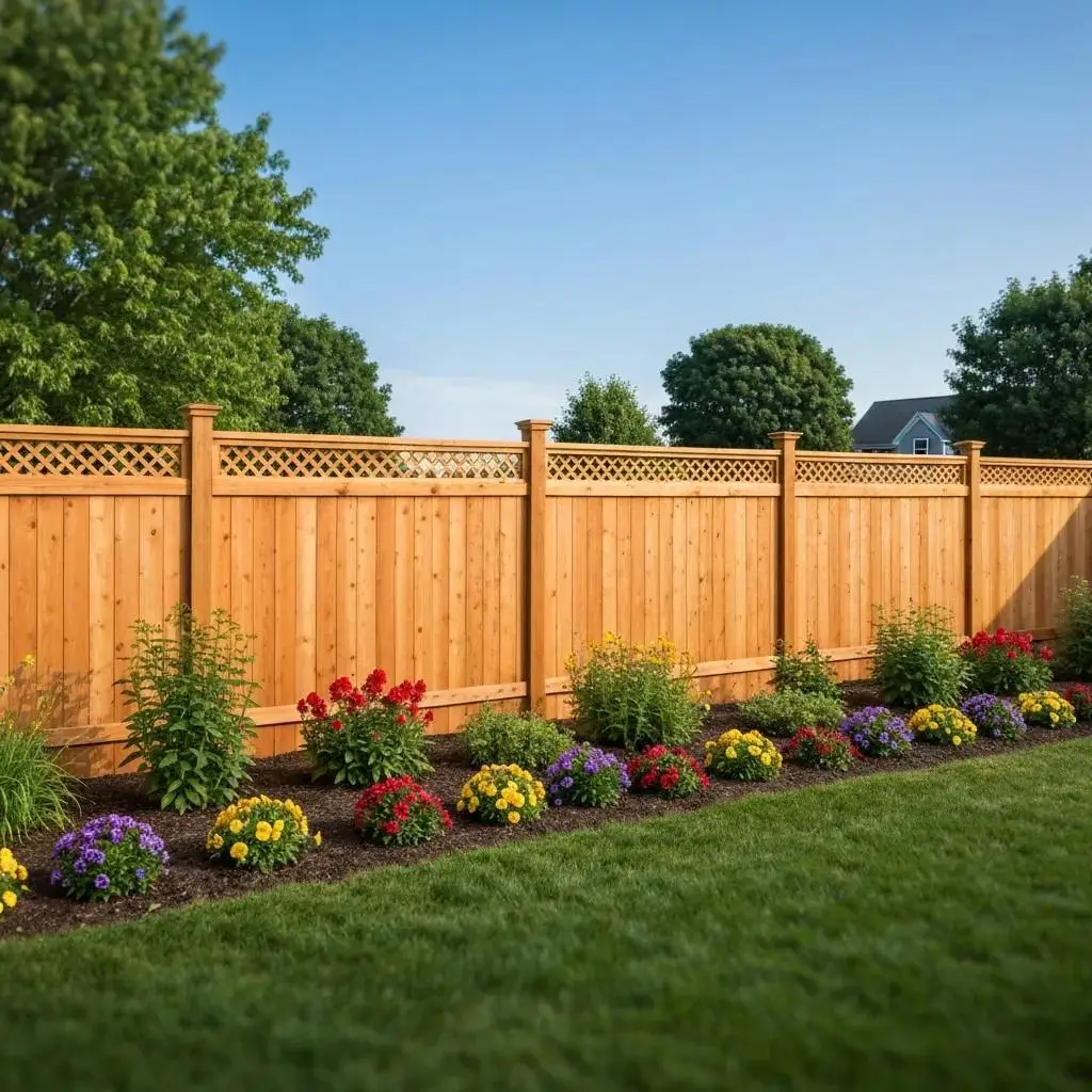 Cedar fence in a Massachusetts backyard with vibrant flower beds, showcasing durability and natural beauty for residential fencing solutions.
