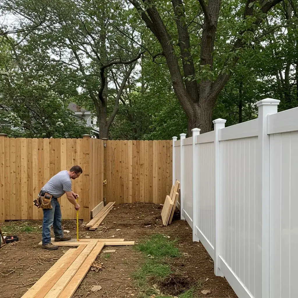 Contractor measuring wood planks during fence installation, showcasing wood and vinyl fencing options in a residential setting, highlighting labor differences in Massachusetts.