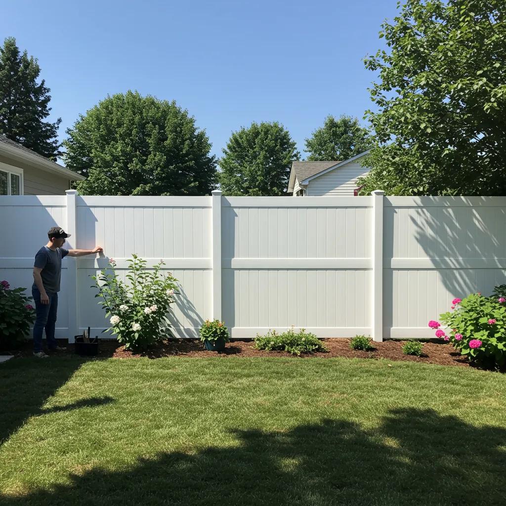 Well-maintained coastal-grade vinyl fence in a sunny backyard, showcasing durability and low maintenance, with flowering plants and green grass.