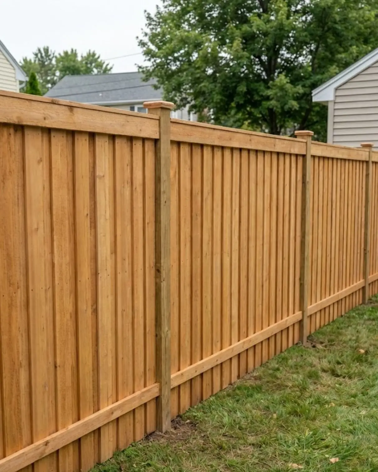 Wood privacy fence installation showcasing durable cedar wood construction, designed for New England conditions, enhancing backyard security and aesthetic appeal in coastal Beverly neighborhoods.