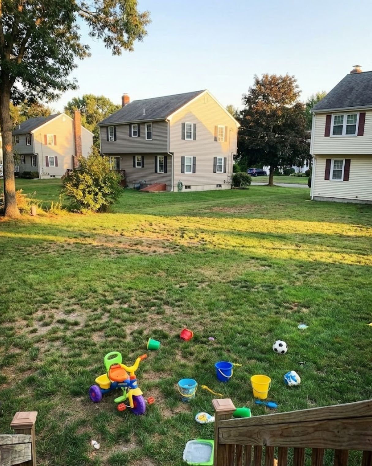 Backyard scene with two houses, a tricycle, and scattered children's toys on the grass, illustrating a family-friendly outdoor space.