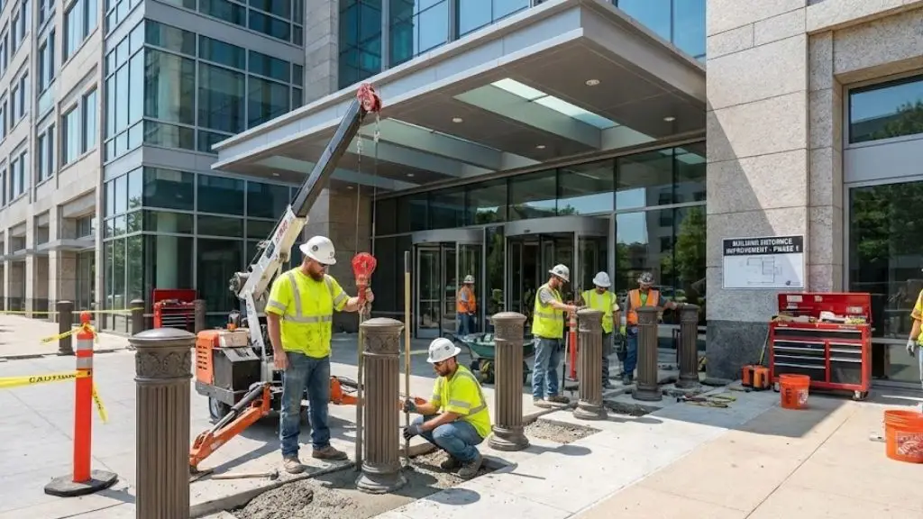 Bollard installation by workers using machinery at a commercial building entrance, highlighting safety measures and structural support for pedestrian protection.