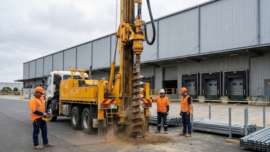 Heavy-duty drilling equipment in operation for ground coring, workers in safety gear overseeing precise hole creation for fence posts and structural supports at a commercial site.