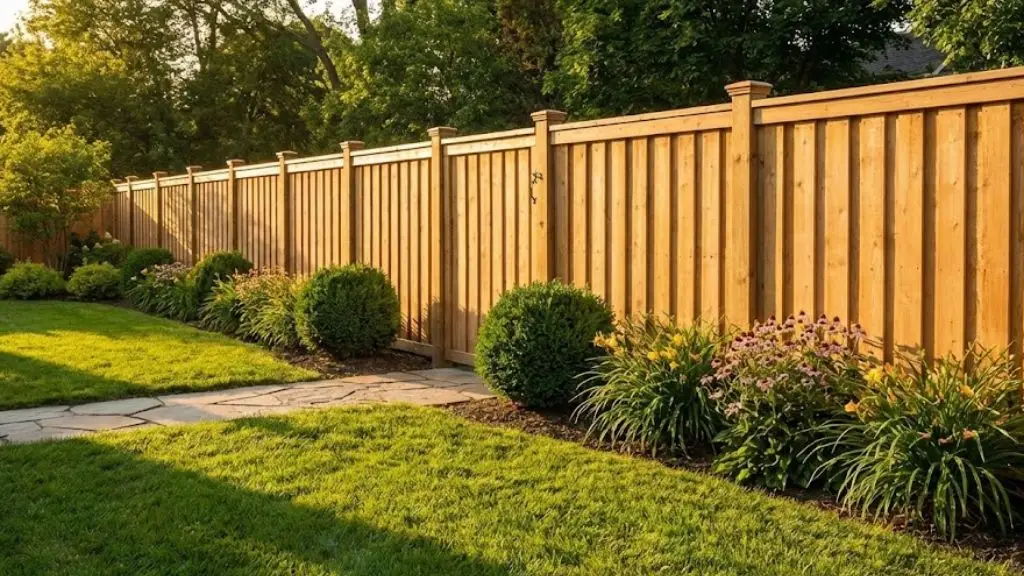 Wooden privacy fence with lush green lawn and flowering shrubs, illustrating backyard aesthetics and security for homeowners.