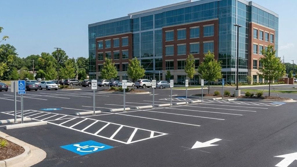 Parking lot with accessible parking spaces, directional signage, and a modern office building in the background, illustrating parking lot signage installation and compliance with ADA requirements.