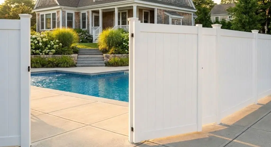 Olympic Fence Company vinyl pool fencing around a Salisbury, MA backyard pool.
