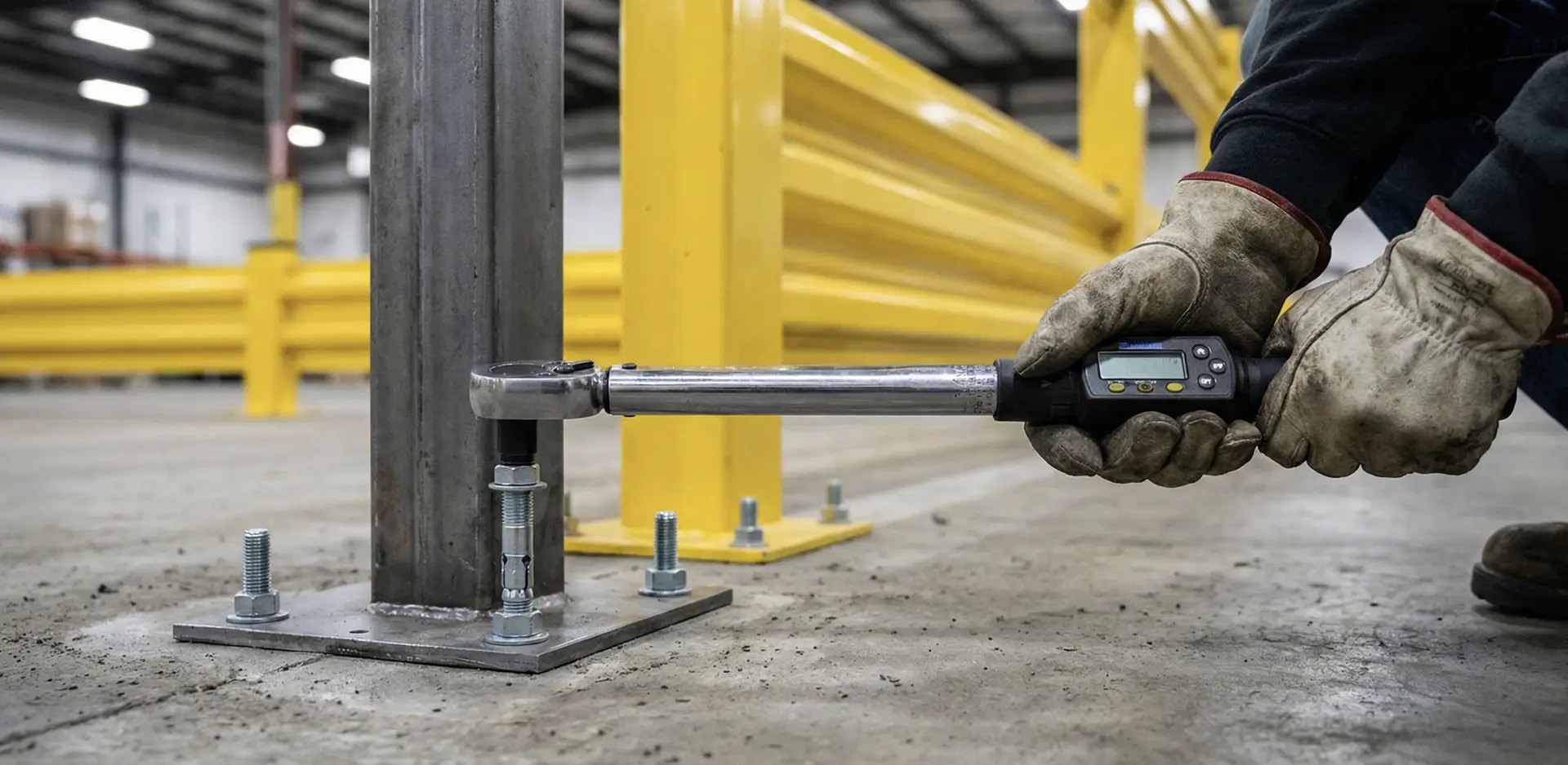 Worker using a torque wrench to secure a steel post with concrete anchoring in a commercial setting, featuring yellow safety barriers in the background.