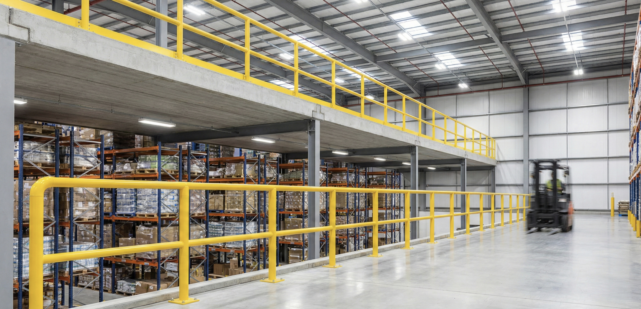 Indoor warehouse safety installation featuring yellow guardrails, shelving units stocked with goods, and a forklift in motion, emphasizing protection for workers and equipment.
