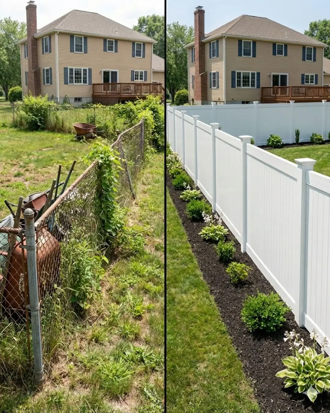 Before-and-after comparison of a backyard transformation featuring a vinyl privacy fence, showcasing a previously overgrown area with a chain-link fence on the left and a neatly landscaped yard enclosed by a white vinyl fence on the right.