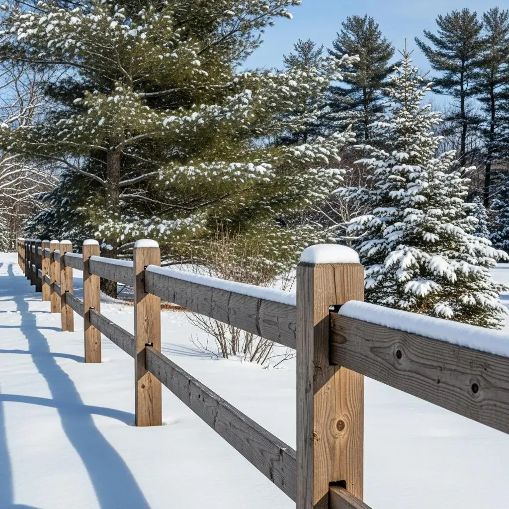 Durable wooden fence in a snowy New England landscape, showcasing weather resistance and suitable for Massachusetts residential fencing.