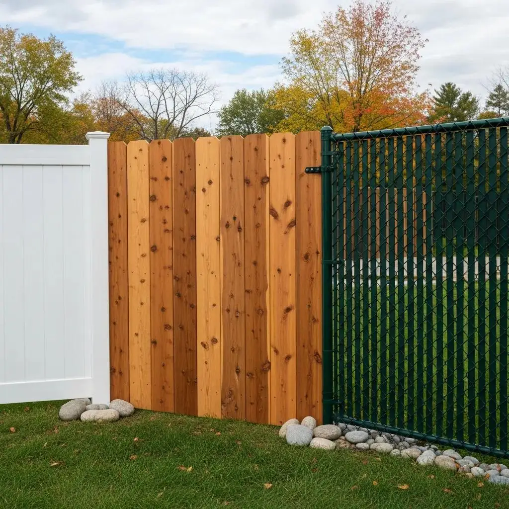 Cedar privacy fence alongside vinyl and chain-link fencing, showcasing various fencing materials suitable for New England weather.