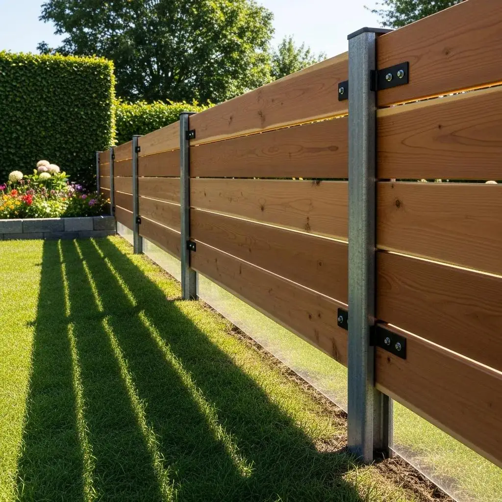 Wood-on-steel fence system with galvanized steel posts and wooden panels, showcasing installation details and durability in a landscaped yard.