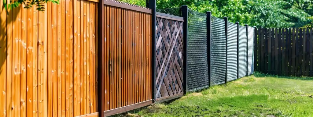 Cedar, vinyl, and chain-link dog fences lined up in a Massachusetts yard, showcasing various styles and materials for pet safety and property enhancement.