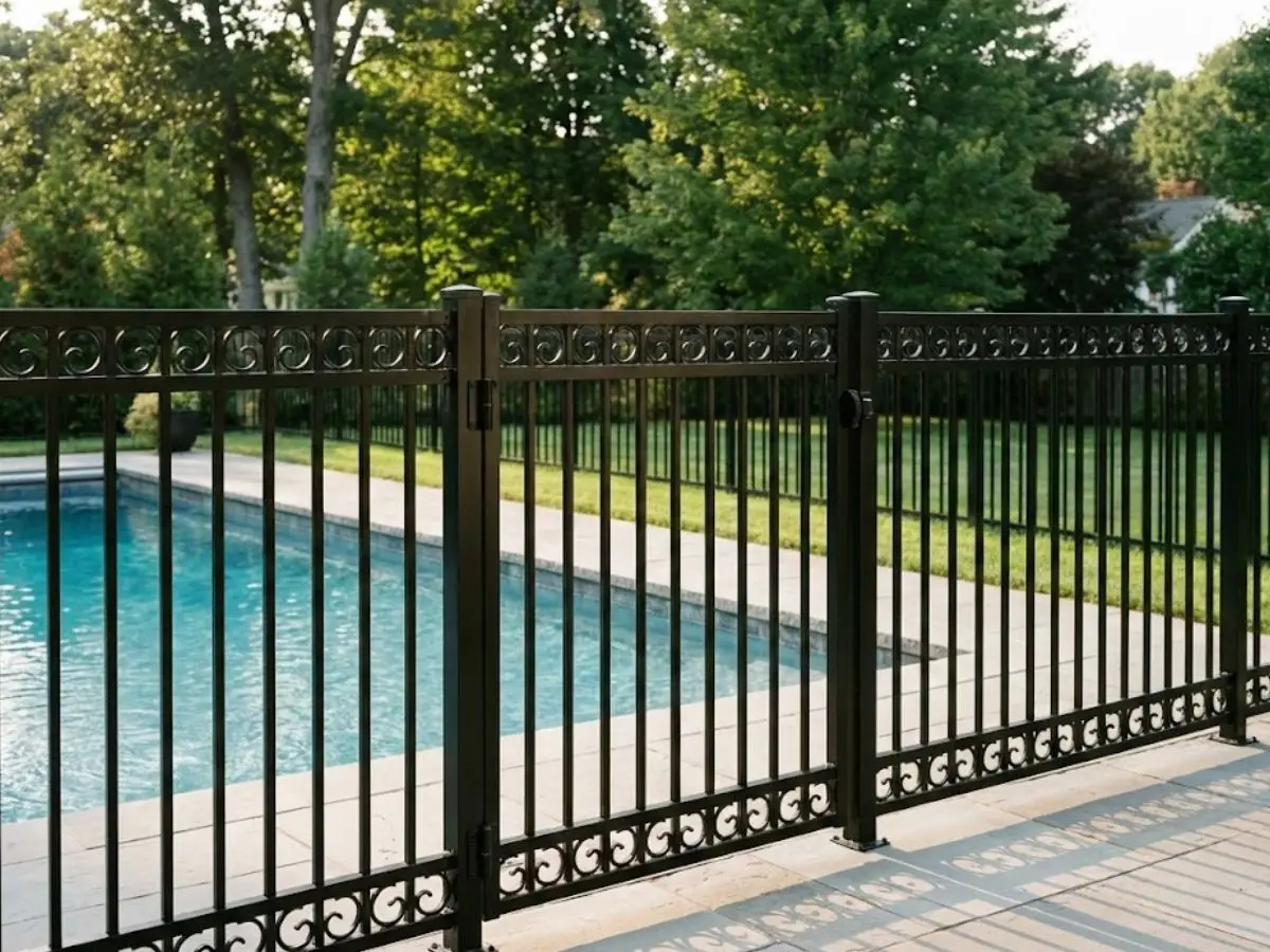 Aluminum pool fencing surrounding a clear blue swimming pool, showcasing a durable and low-maintenance design suitable for coastal properties in Salisbury, MA.