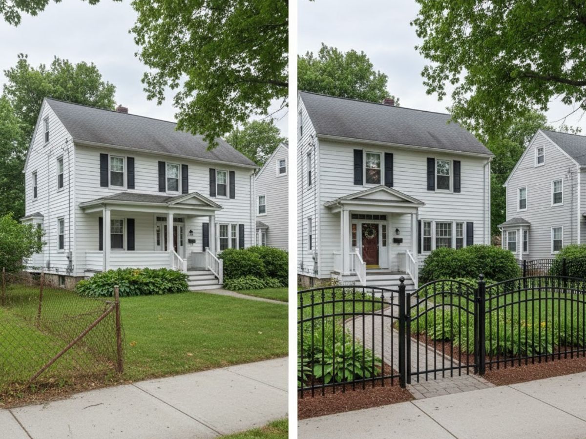 Before and after image showcasing a residential front yard transformation, featuring a weathered chain-link fence replaced by an elegant, ornamental aluminum fence, highlighting improved aesthetics and maintenance-free benefits.