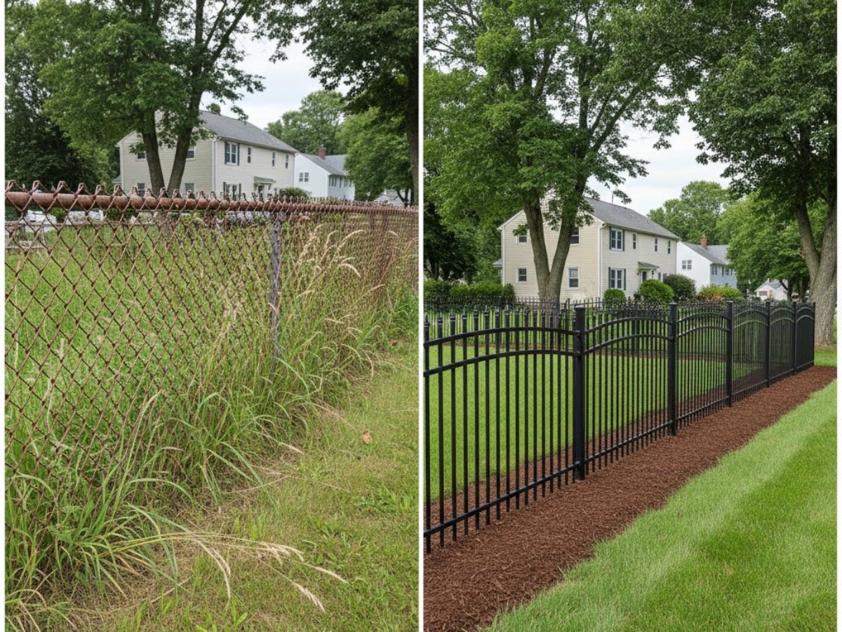 Before and after transformation of a residential property featuring a rusty chain-link fence replaced by a modern ornamental aluminum fence, showcasing improved aesthetics and landscaping.