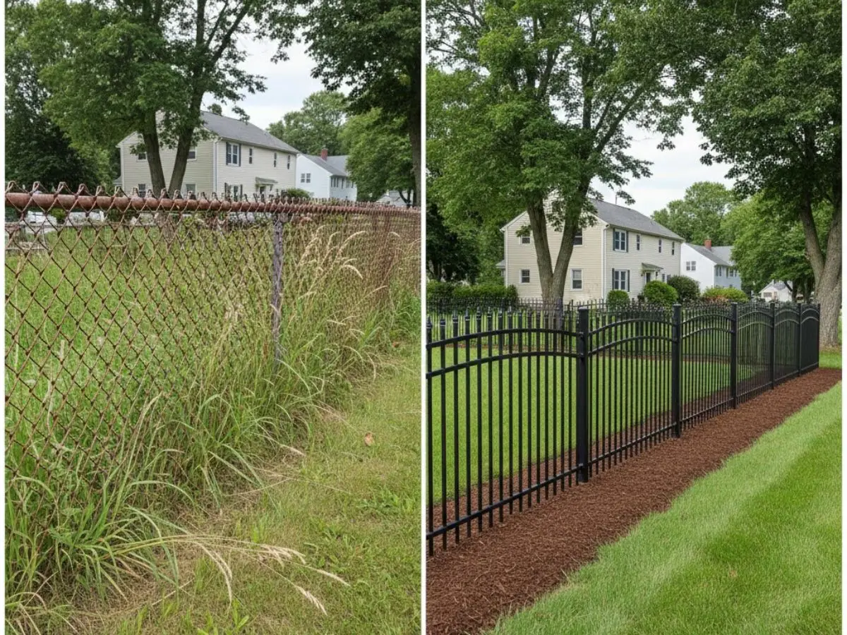 Before-and-after split-screen comparison of a residential fence transformation, showcasing a rusty chain-link fence on the left and a sleek black ornamental aluminum fence on the right, enhancing curb appeal and maintenance-free elegance for Merrimac homeowners.