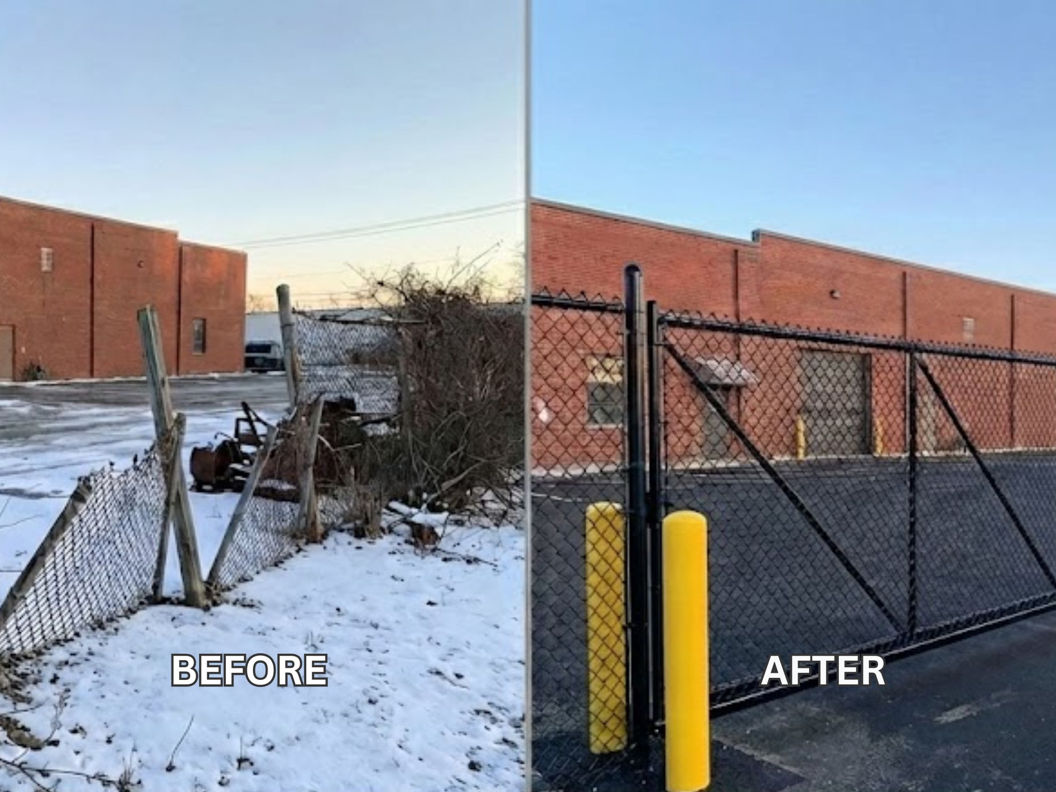 Before and after comparison of a commercial property fence upgrade, showcasing a deteriorated chain-link fence on the left and a new, secure chain-link fence with gates on the right, emphasizing improved security for industrial properties.