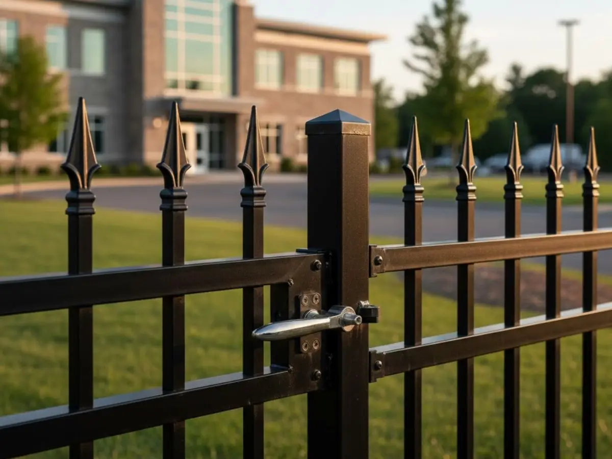 Ornamental aluminum fence with pointed finials and latch, enhancing security and aesthetics for properties in Amesbury, MA.