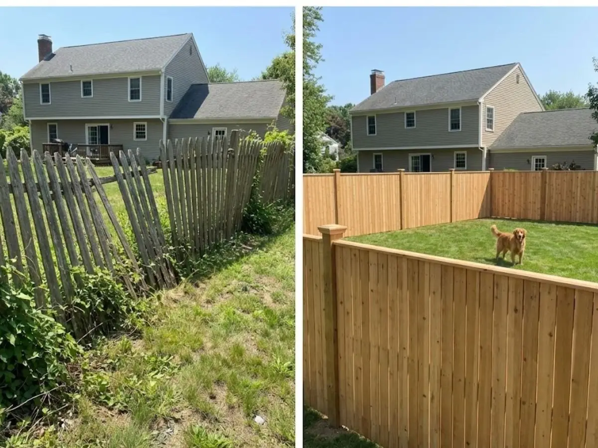 Before-and-after transformation of a backyard showing a damaged wooden fence replaced with a new cedar dog fencing system, featuring a golden retriever in a secure, grassy area.