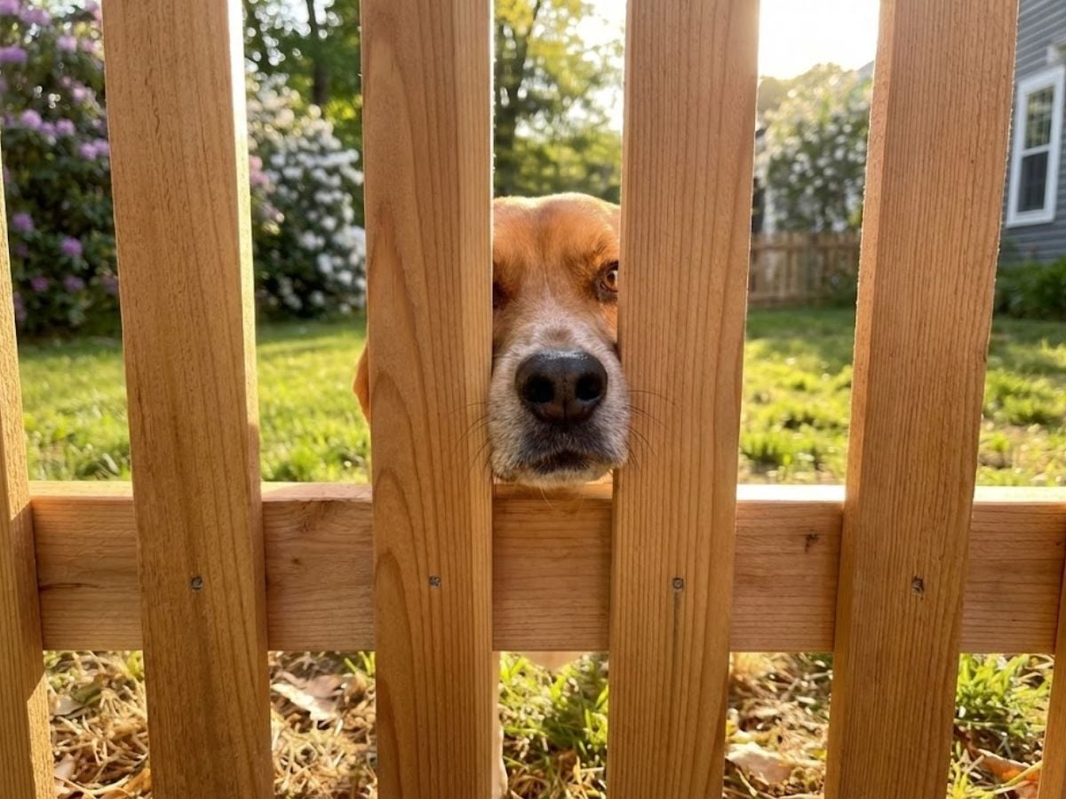 Dog peering through wooden fence slats in a secure outdoor space, highlighting Olympic Fence's dog fencing solutions for pet safety and visibility.