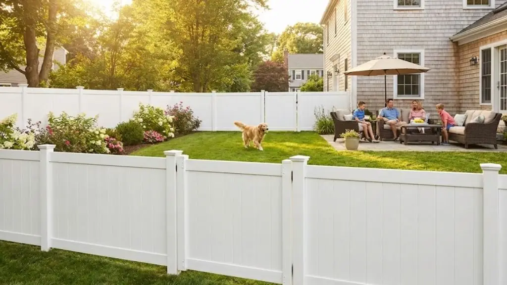 Family enjoying time in a backyard with a white vinyl fence, landscaped garden, and a dog playing on the grass, highlighting privacy and aesthetic appeal of vinyl fencing in Merrimac.