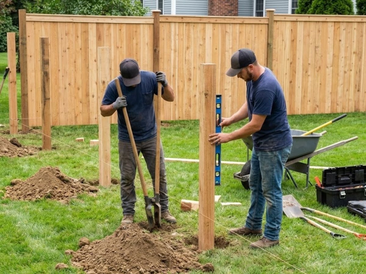 Two workers installing wooden fence posts in a residential yard, using a level and digging tools, with a completed wooden fence in the background, emphasizing professional dog fencing installation services.