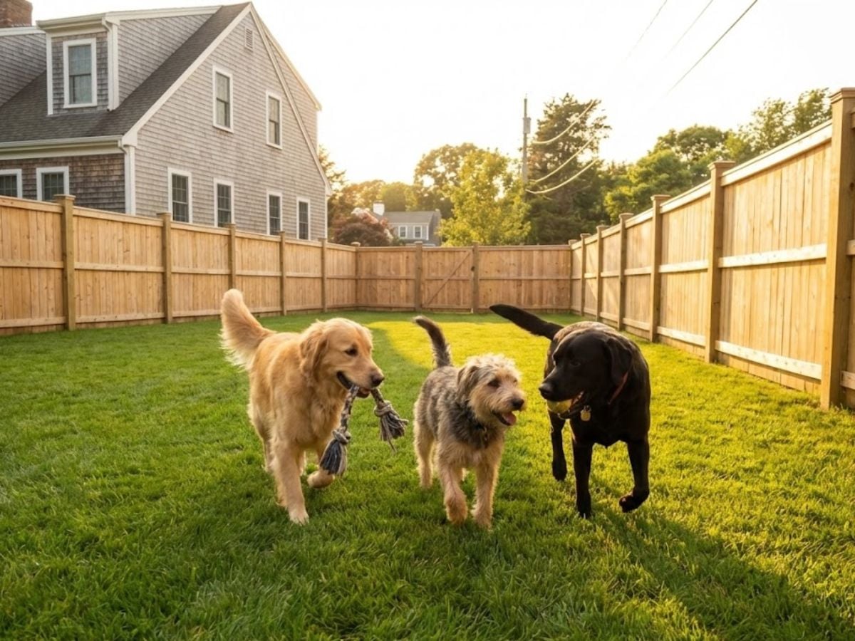 Three dogs playing in a secure fenced backyard, featuring a golden retriever, a mixed breed, and a black Labrador, with a well-maintained lawn and wooden fencing, highlighting a safe environment for pets.