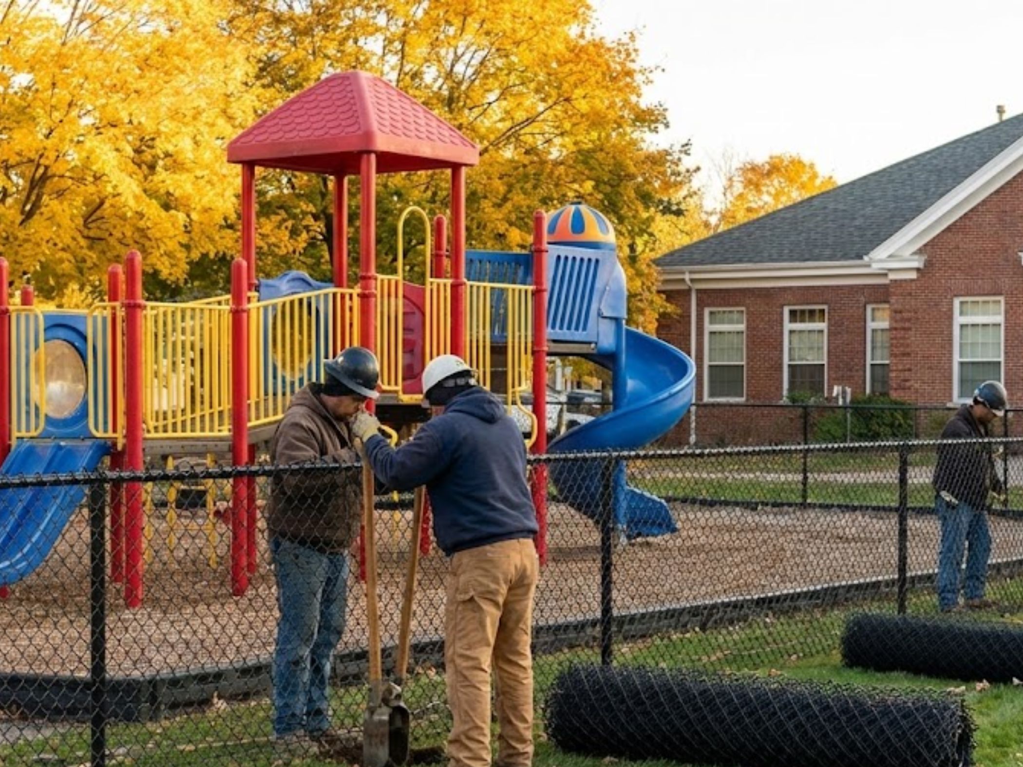 Workers installing chain-link fencing around a playground in a municipal park, featuring colorful play equipment and autumn foliage in the background.
