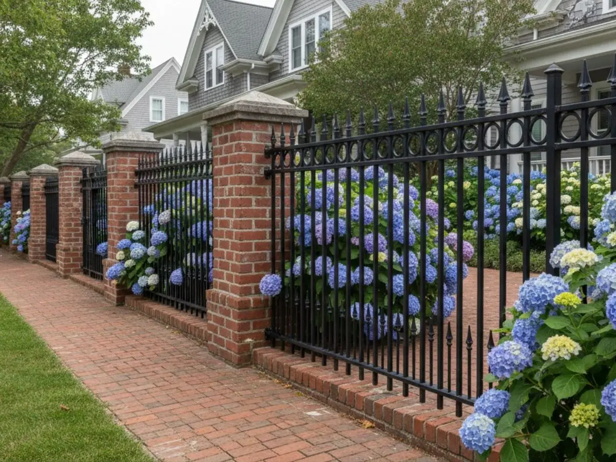 Ornamental steel fence with decorative spikes, brick pillars, and blooming hydrangeas in a residential garden setting, highlighting local craftsmanship and aesthetic appeal in West Newbury.