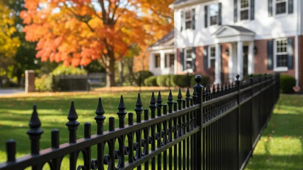 Ornamental black steel fencing with pointed finials, surrounded by vibrant autumn foliage and a residential property, highlighting durability and curb appeal for coastal homes in Salisbury.