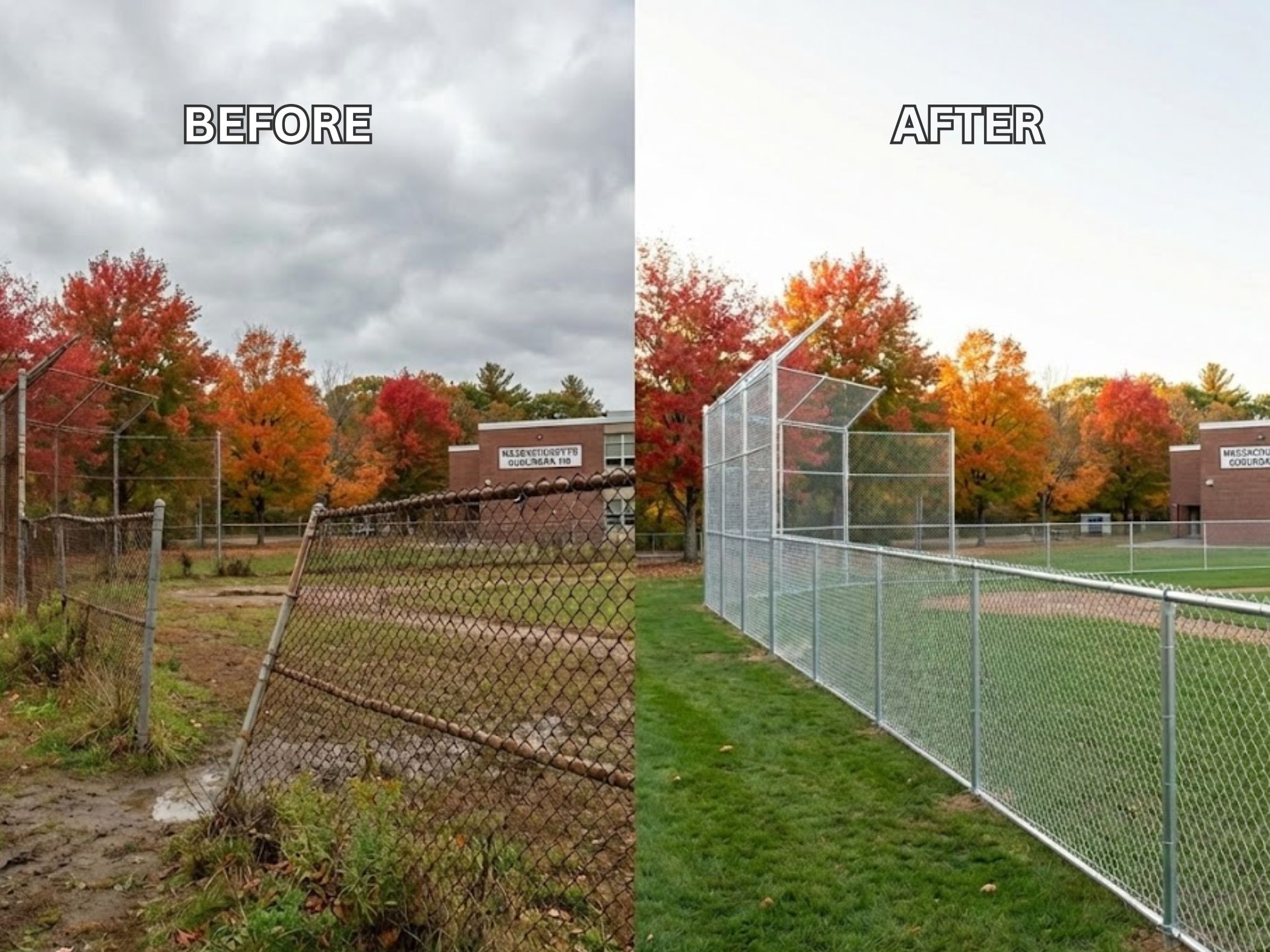 Before-and-after transformation of an athletic field fencing installation, showcasing a deteriorated chain-link fence replaced with a new, sturdy fence, surrounded by vibrant autumn foliage and a school building.
