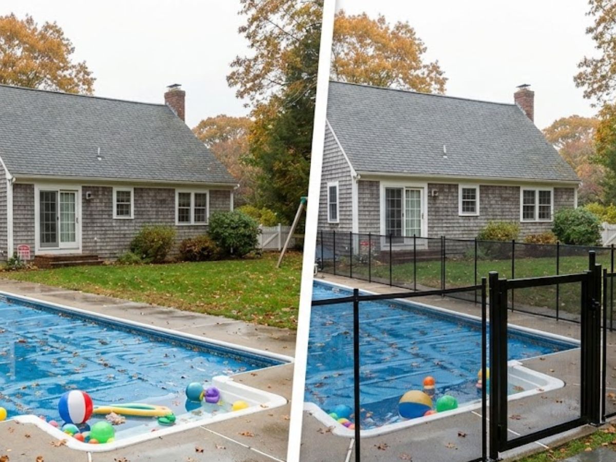 Split-screen image showing a backyard pool before and after aluminum safety barrier installation, highlighting the enhanced safety features for pool compliance in Massachusetts.