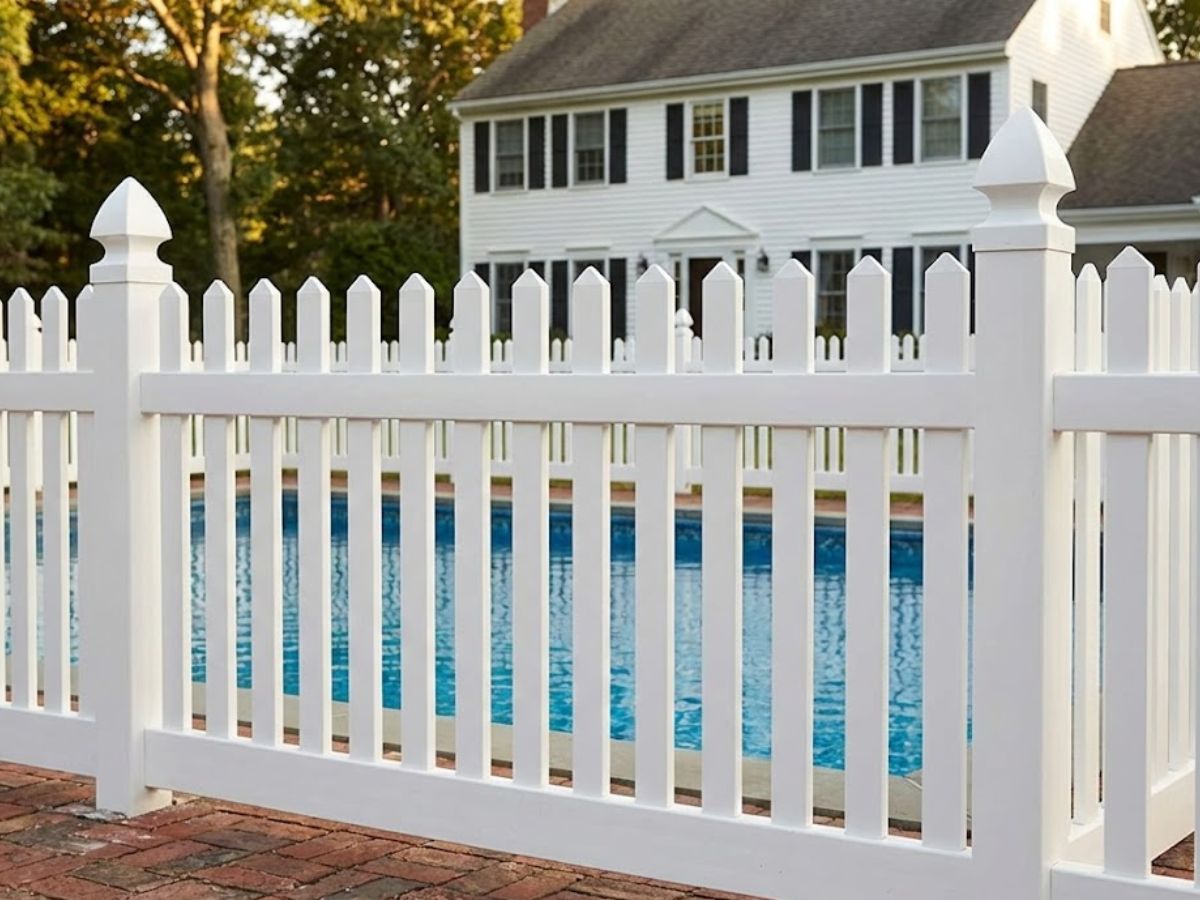 Vinyl pool fence installation surrounding a swimming pool, showcasing a white picket design with child-safe gate latches, emphasizing privacy and safety for Salisbury vacation rentals.