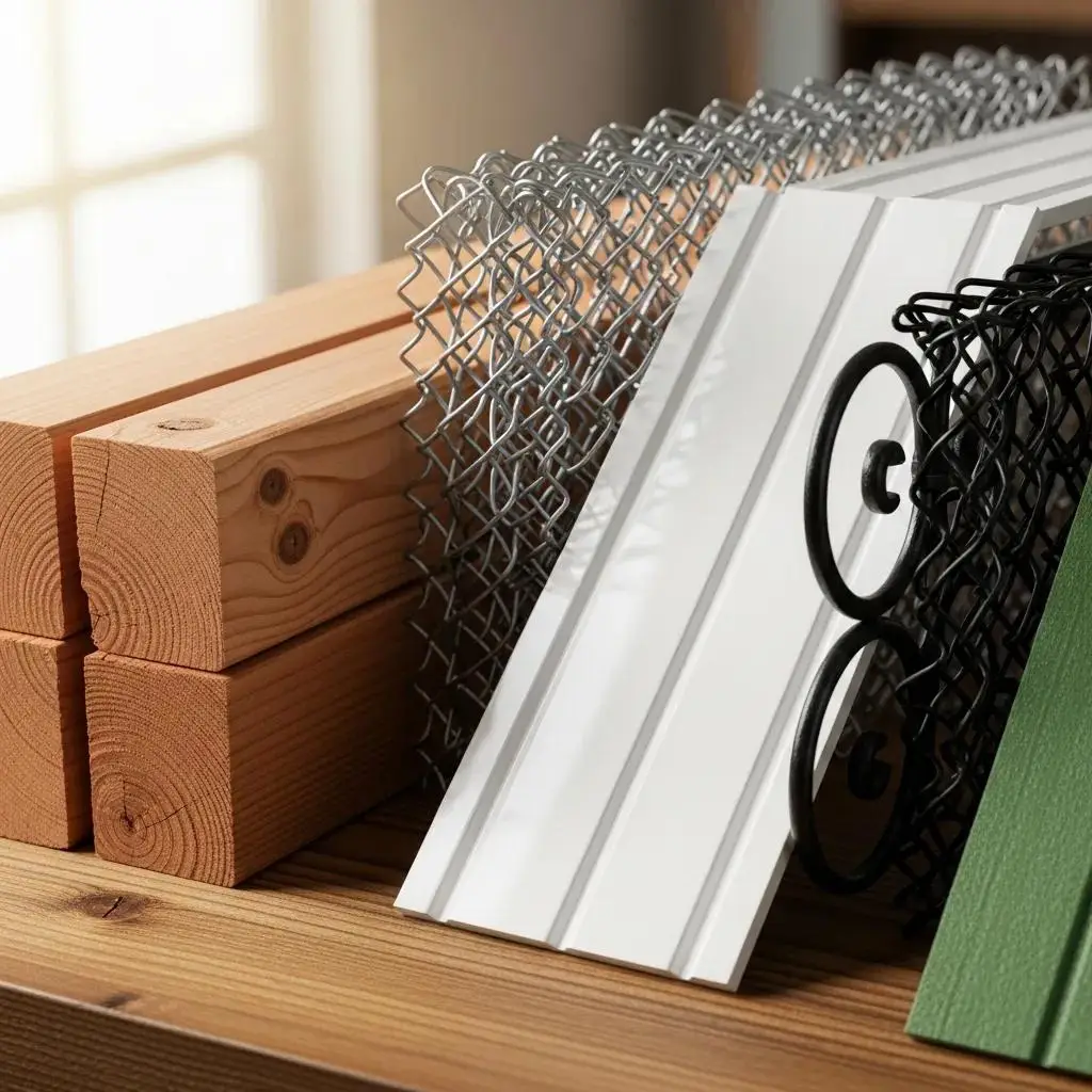 Close-up of cedar wood planks, chain link fencing, and vinyl materials showcasing texture and quality, relevant to residential fencing options in Massachusetts.