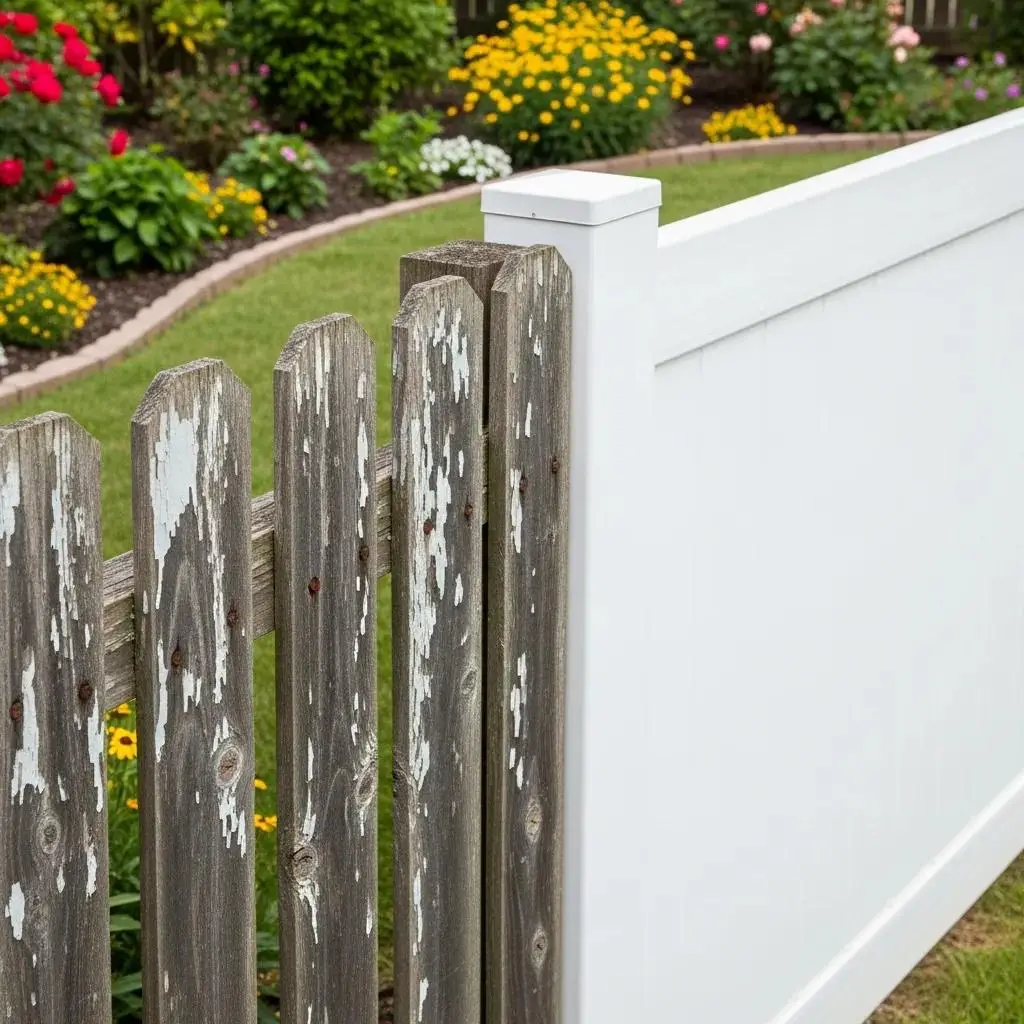 Weathered wood fence and new vinyl fence comparison illustrating durability and maintenance differences in North Shore, MA.