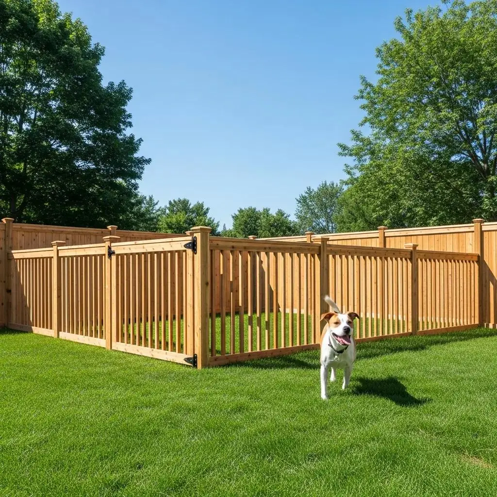 Dog playing in a fenced backyard with wooden fencing and green grass, emphasizing safety and freedom for pets in Massachusetts.