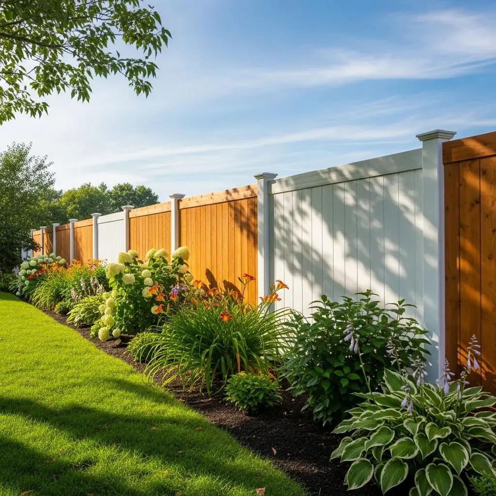 Cedar and vinyl residential fence in Massachusetts backyard, surrounded by vibrant greenery and flowers, showcasing stylish fencing options for home design.