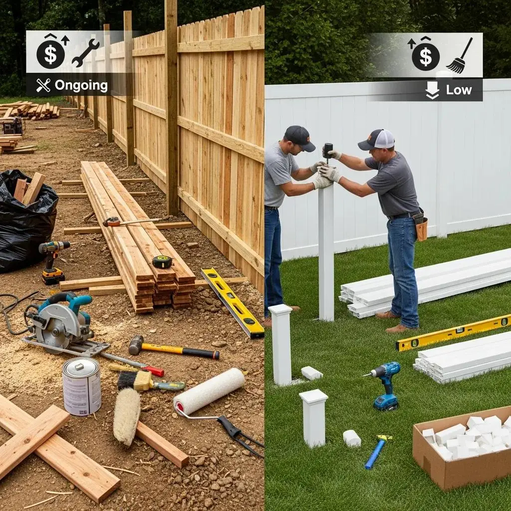 Wood and vinyl fence installation comparison by Olympic Fence Company in North Shore, highlighting cost and ongoing maintenance considerations.