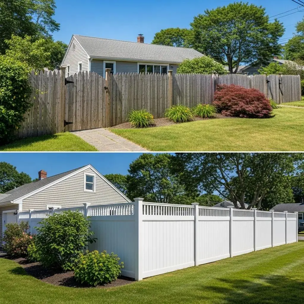 Wood and vinyl fences in a North Shore residential setting, showcasing aesthetic differences and landscaping features.