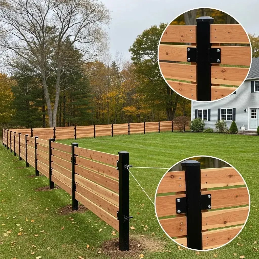 Wood-on-steel dog fence installation system in New England landscape, featuring cedar panels and steel posts for durability and aesthetic appeal.