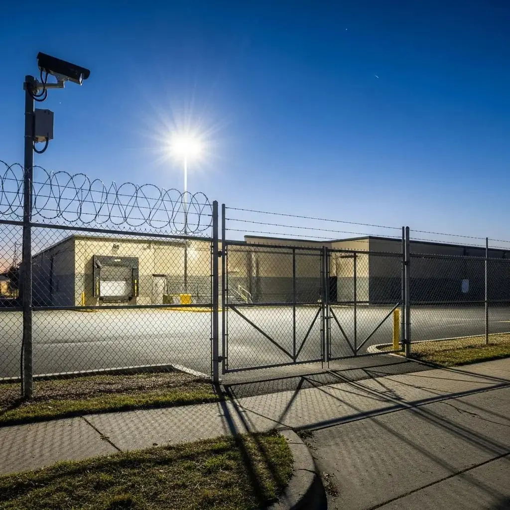 Commercial property secured with chain link fencing and surveillance system, Olympic Fence Company solution for North Shore businesses.