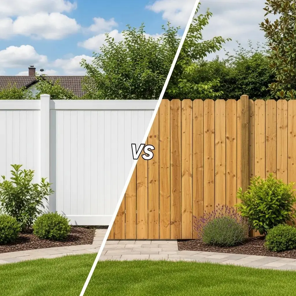 Comparison of vinyl and wood fences in a residential garden setting, featuring a white vinyl fence on the left and a wooden fence on the right, with greenery and landscaped elements in the foreground.