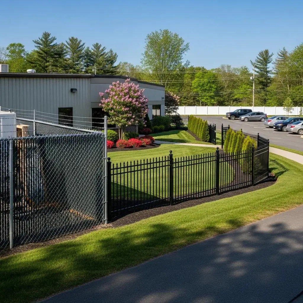Diverse ornamental aluminum fencing surrounding a well-maintained business landscape in Merrimac, MA, featuring manicured lawns, flowering shrubs, and a clear blue sky.