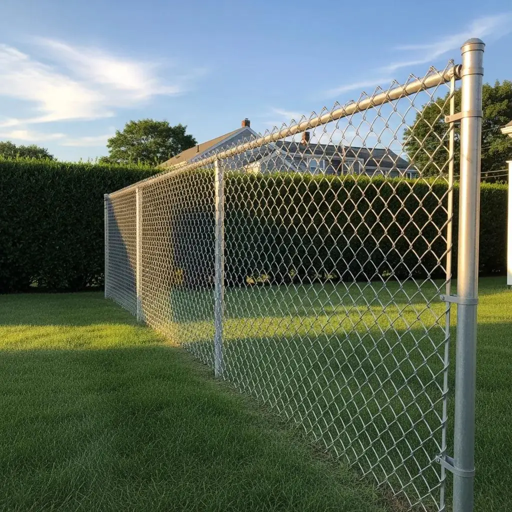 Durable chain link fence in a Massachusetts residential yard, showcasing its functionality and aesthetic appeal in a green landscape.