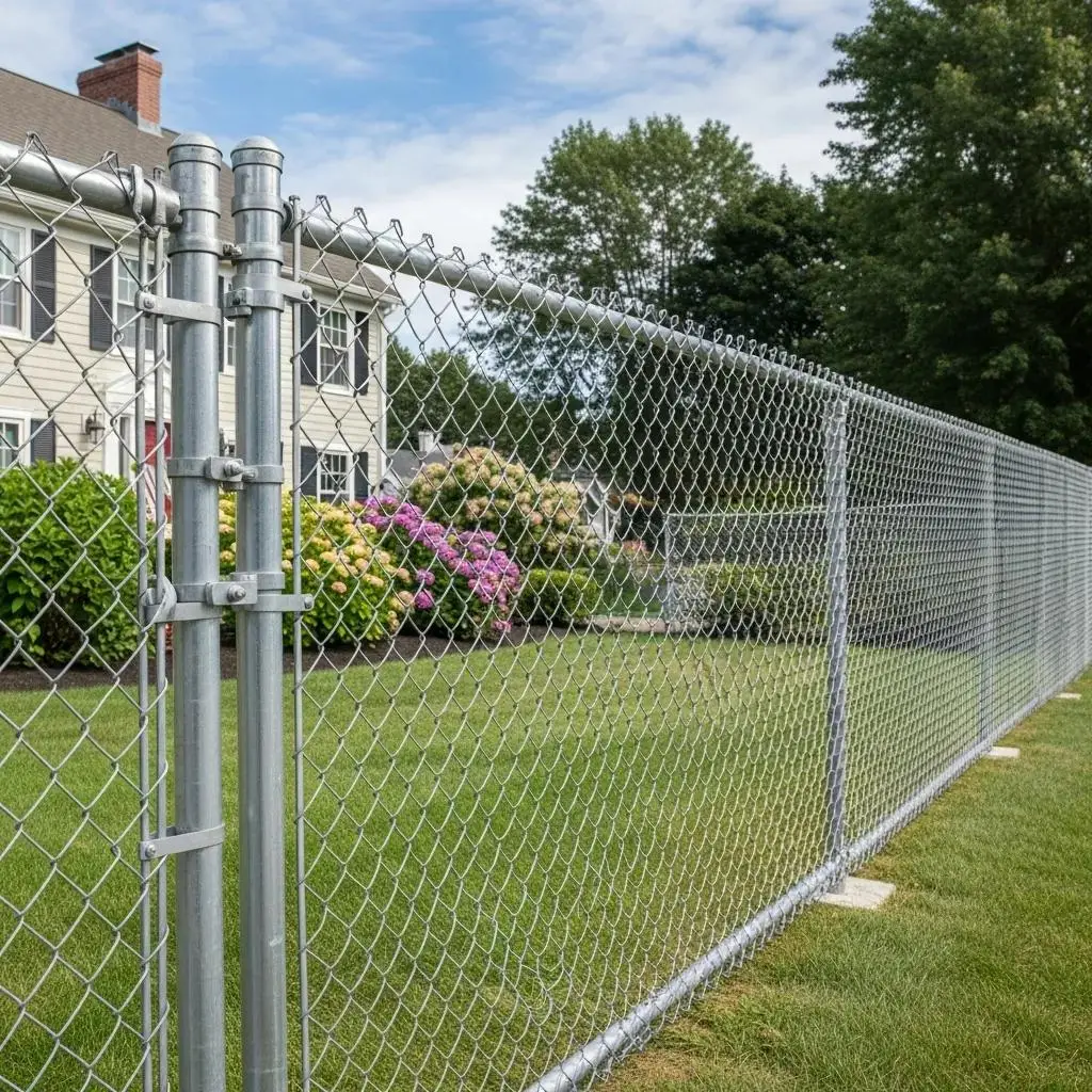 Durable galvanized chain link fencing surrounding a Massachusetts home, highlighting security and affordability, with lush landscaping and a clear sky.