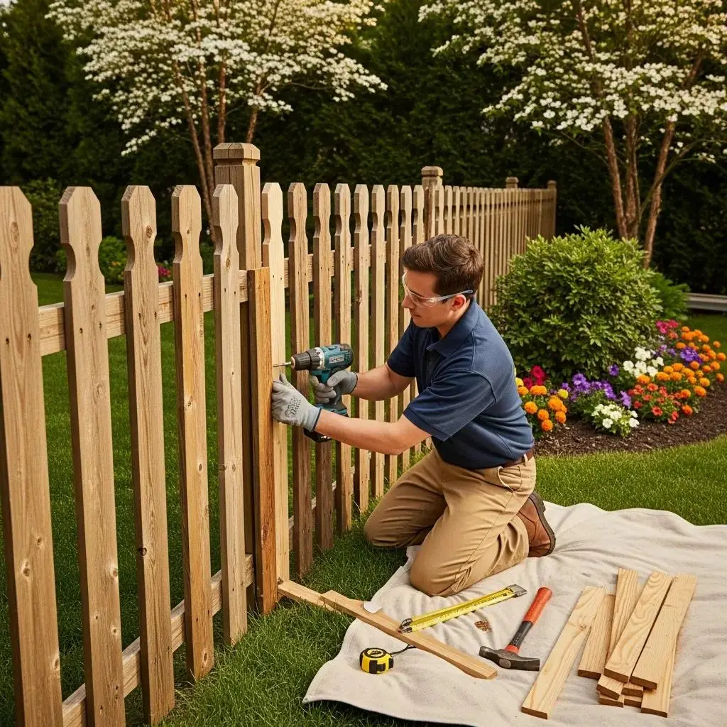 Fence repair technician working on a wooden fence in a suburban backyard, surrounded by colorful flowers and tools for fencing installation.