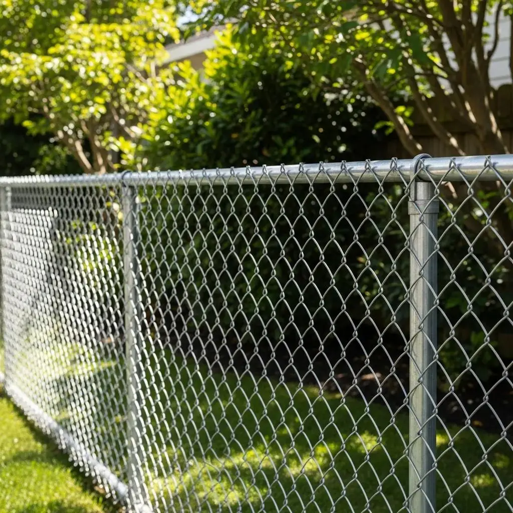 Galvanized chain link fence in a Massachusetts yard, showcasing rust resistance and durability, surrounded by greenery.