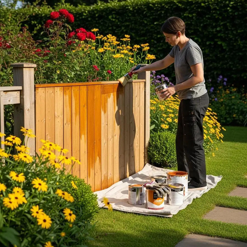 Woman staining a wooden fence in a garden, surrounded by colorful flowers, highlighting maintenance for wood fences.